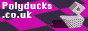 Polyduck.co.uk site button. A gif of a white polygonal duck spinning on a black and magenta checkered plane. In the top left, there is white text that says 'Polyducks.co.uk'
